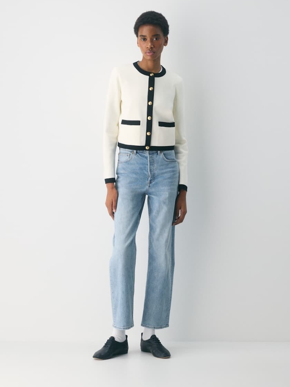 Aritzia Babaton Cream Cardigan with Black Trim and Gold Button Accent - Picture 5 of 14